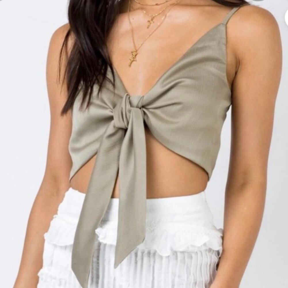 Princess Polly Satin Textured Olive Sage Green Tie Front Crop Top